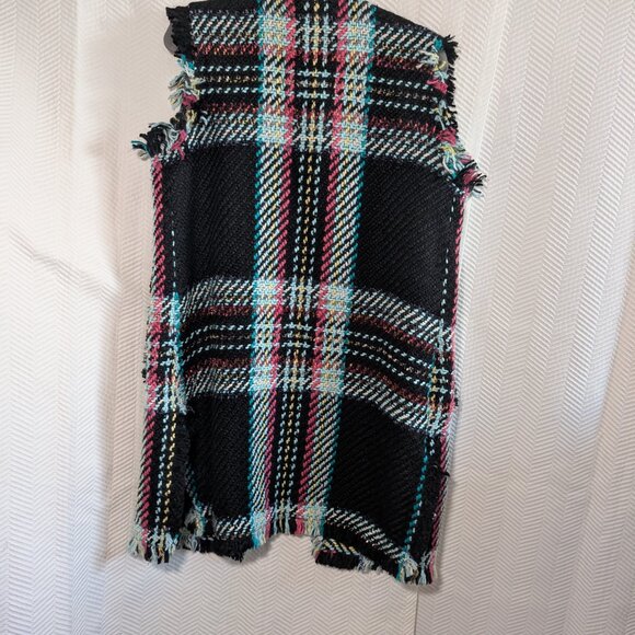 Luisa Spagnoli Italy Woven Knit Vest Black Multicolor Plaid Fringe Large IT 46 - Picture 7 of 15
